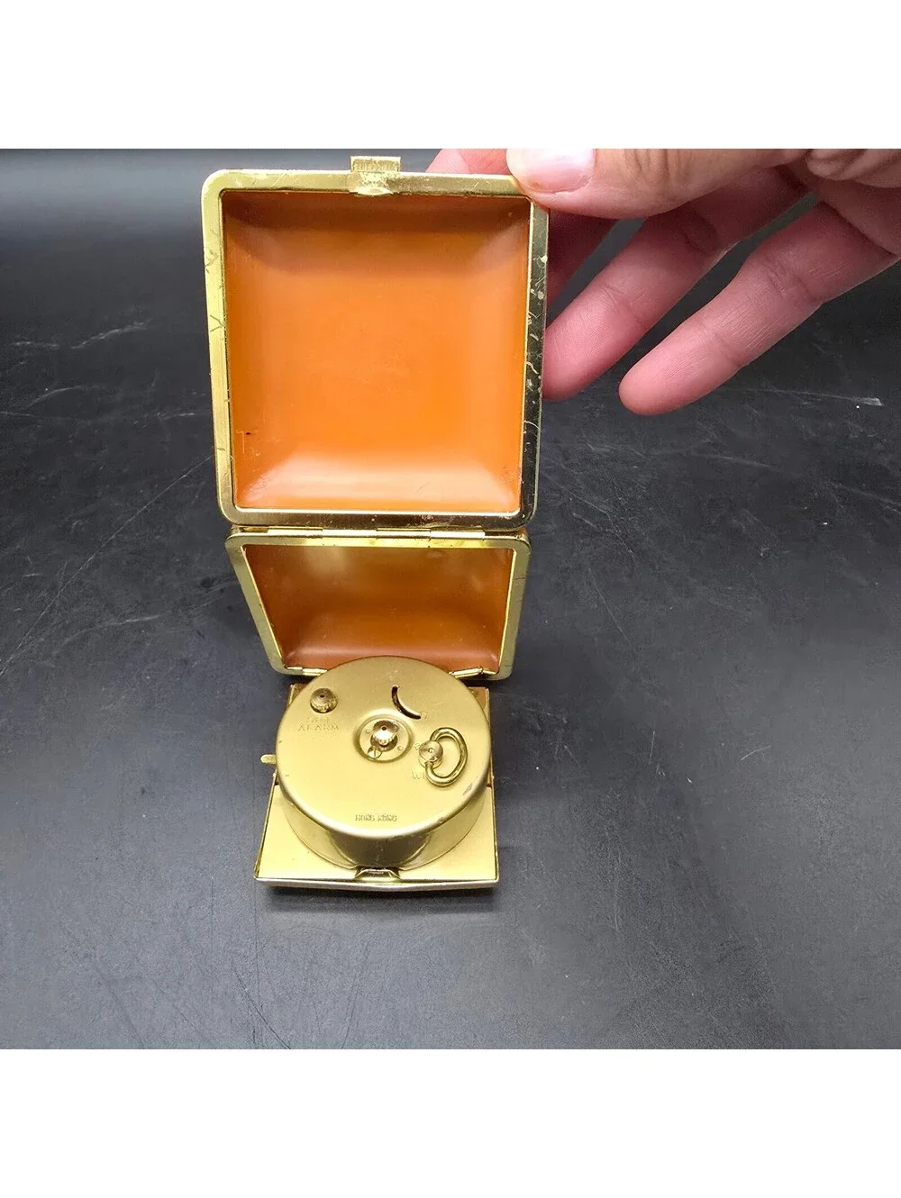 Vintage Seth Thomas Travel Alarm Clock Orange Leather Case Working Mid Century
